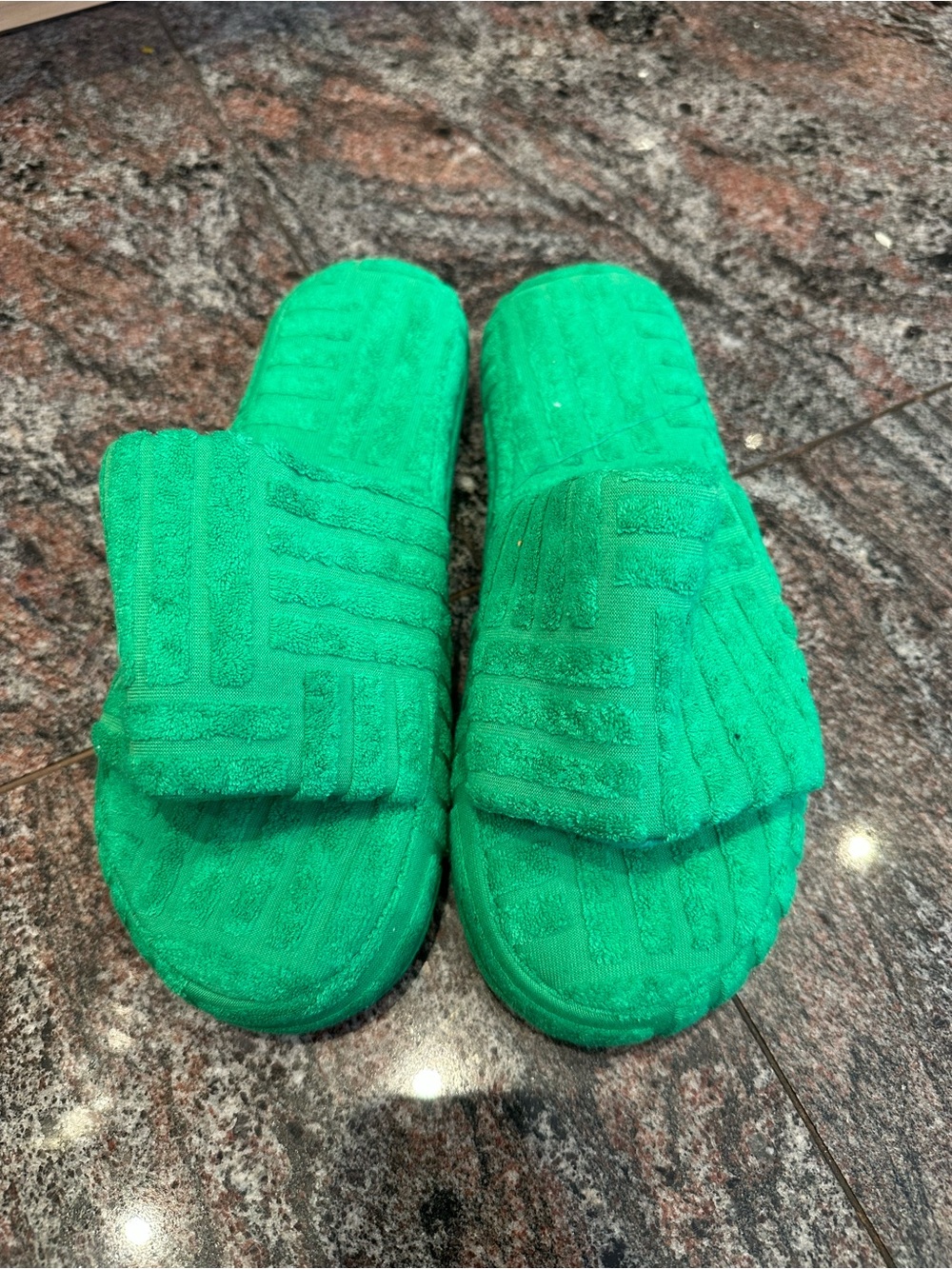 Green Terry Cloth Slide Sandals